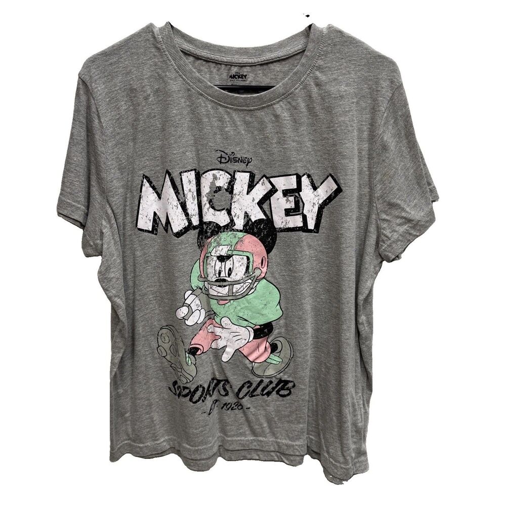 Disney Mickey Sports Club Football Graphic T-Shirt L Gray Cotton Blend